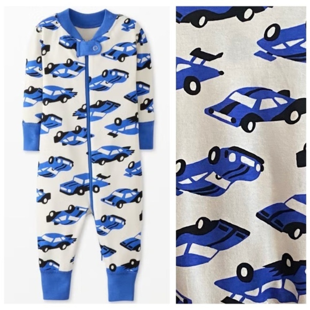 Hanna Andersson Blue White Car Print Print Baby 2-Way Zip Sleeper 0-3 months